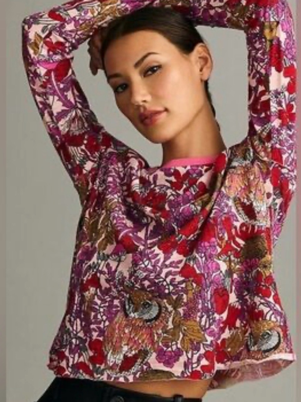 Maeve Floral Long-Sleeve Scoop Neck Top in Pink and Red